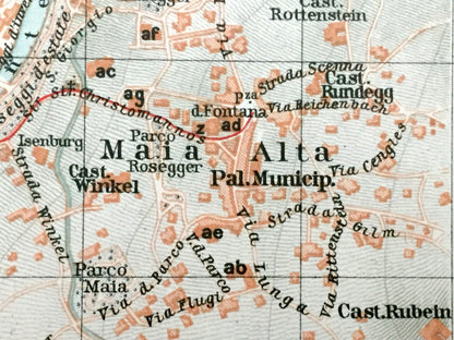 Antique 1937 Merano, Italy Map from Muirhead's Blue Guides & Baedekers – South Tyrol, Alps, Trauttmansdorff Castle, Sissi's Path, Ifinger