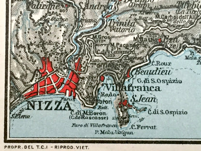 Antique 1937 Nice, France Map from Muirhead's Blue Guides & Baedekers – Monaco, Nizza, Bordighera, Italy, Imperai, French Riviera