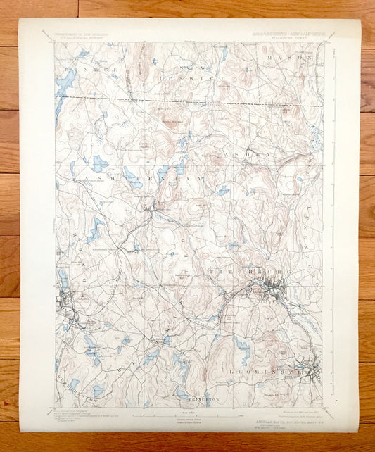 Antique Fitchburg, Massachusetts 1893 US Geological Survey Topographic Map – Ashby, Leominster & Rindge, New Ipswich, New Hampshire, ME NH