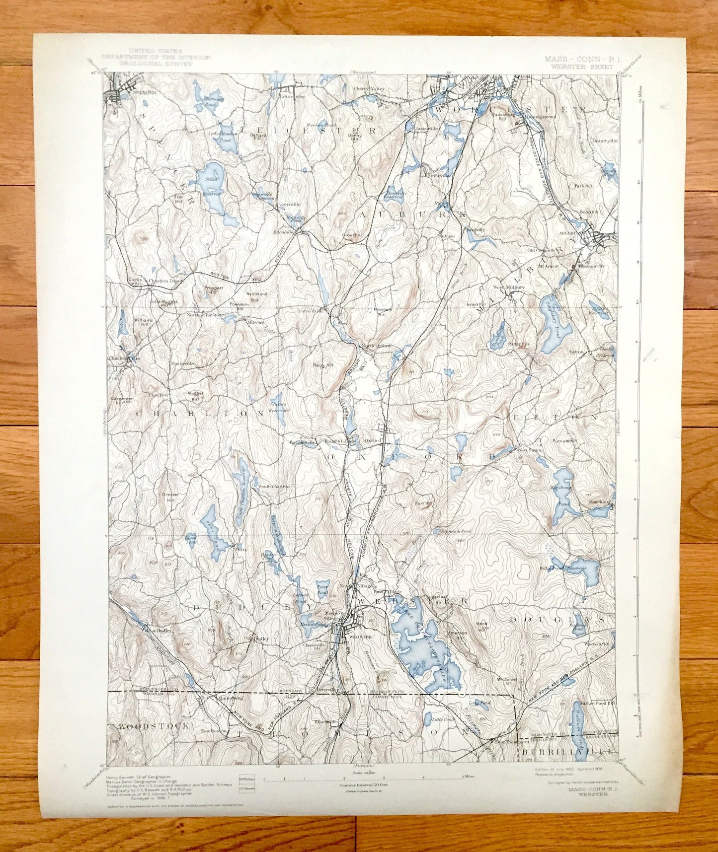 Antique Webster, Massachusetts 1892 US Geological Survey Topographic Map – Charlton, Oxford, Auburn, Millbury, Sutton, Dudley, Spencer, MA