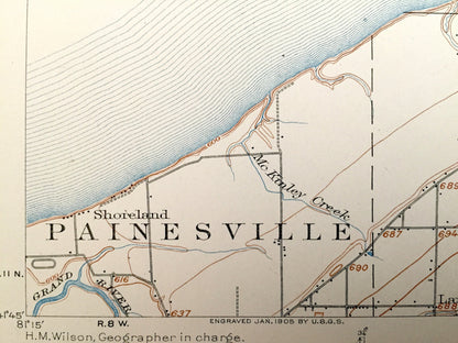 Antique Perry, Ohio 1905 US Geological Survey Topographic Map – Lake County, Painesville, Redbird, Harpersfield, Geneva, Unionville, Madison