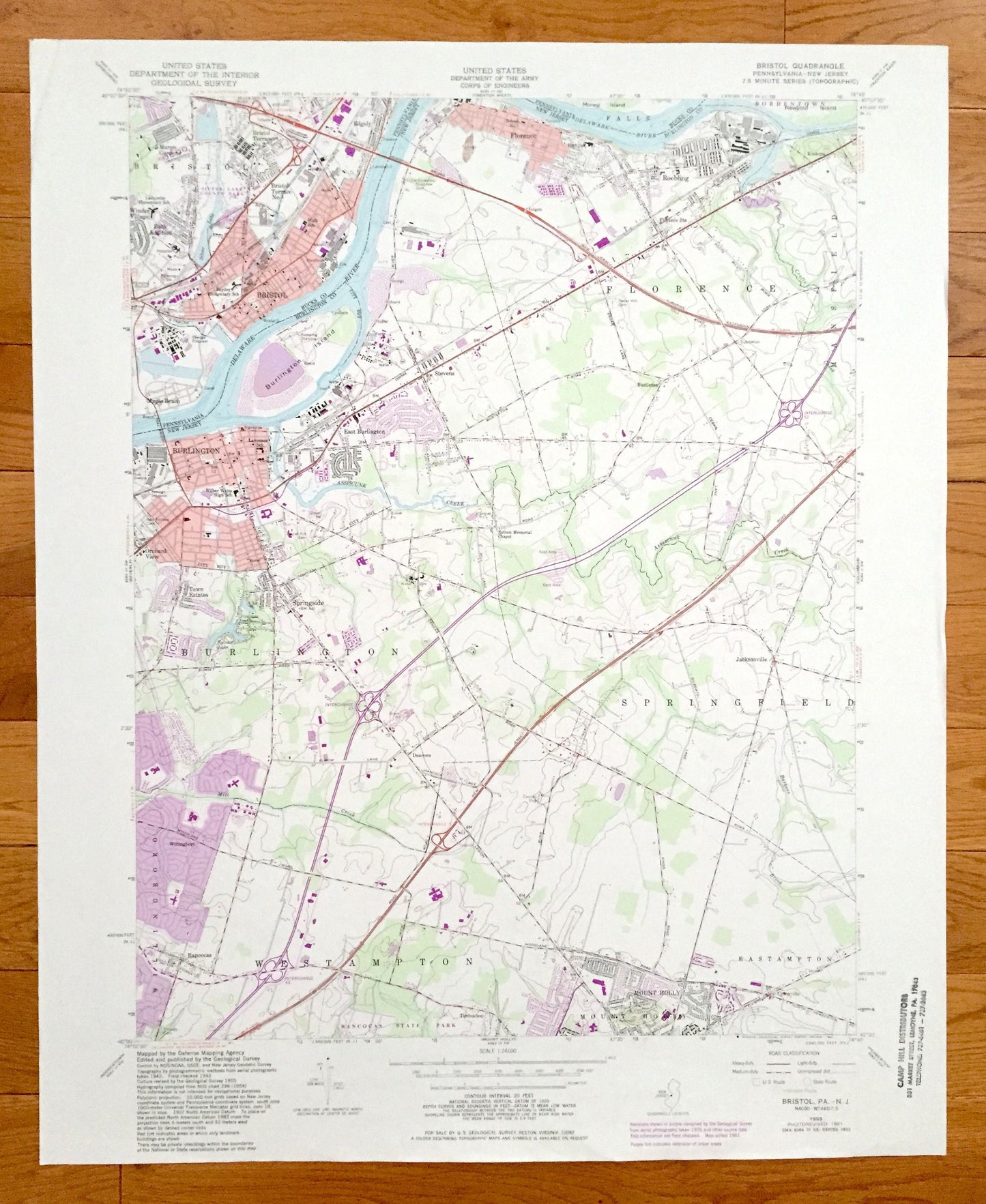 Antique Burlington, New Jersey 1955 US Geological Survey Topographic Map – Florence, Mount Holly, Springfield, Bucks, Bristol, Pennsylvania
