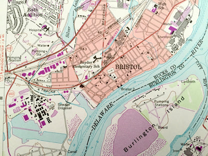 Antique Burlington, New Jersey 1955 US Geological Survey Topographic Map – Florence, Mount Holly, Springfield, Bucks, Bristol, Pennsylvania