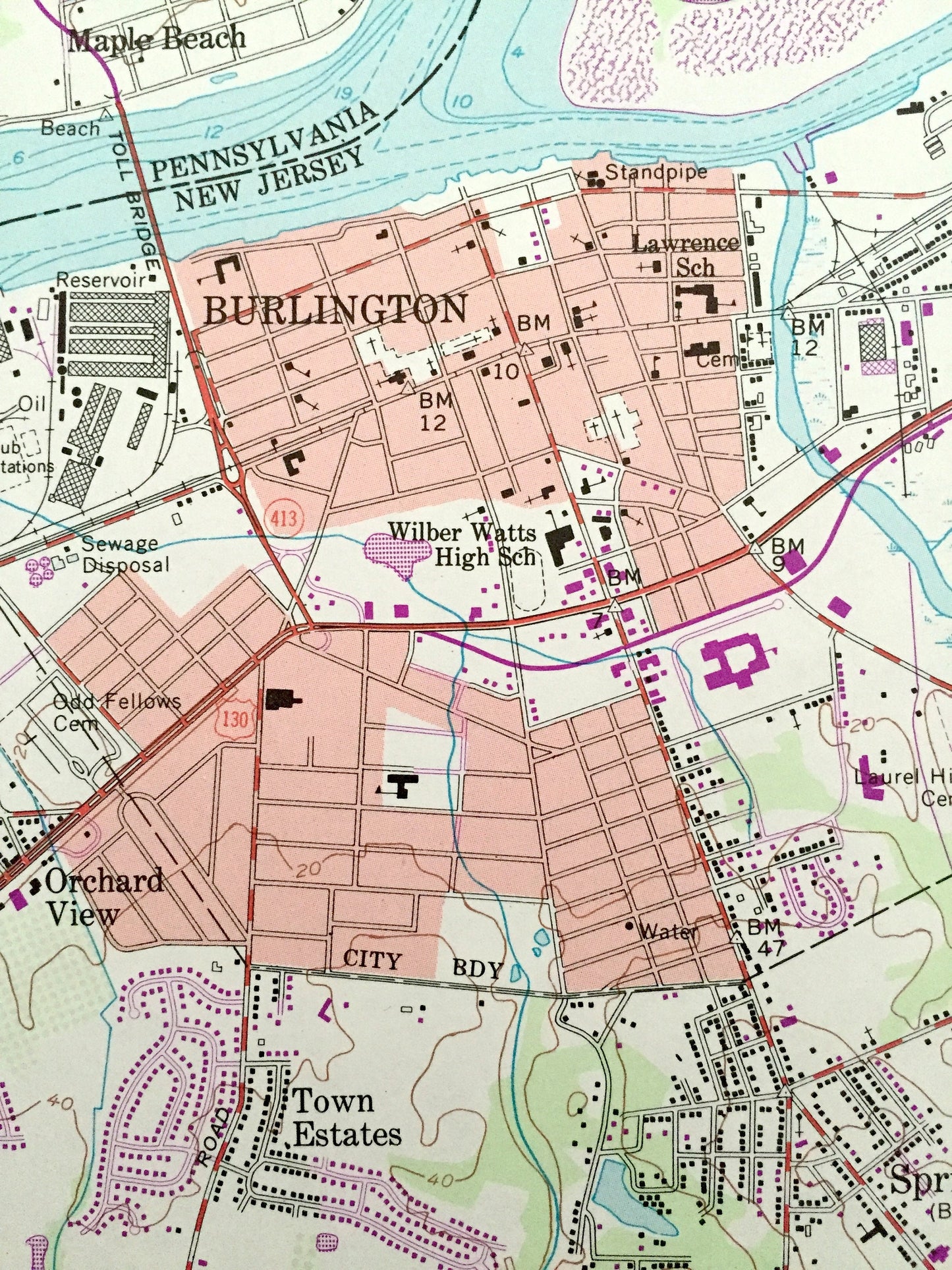 Antique Burlington, New Jersey 1955 US Geological Survey Topographic Map – Florence, Mount Holly, Springfield, Bucks, Bristol, Pennsylvania