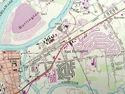 Antique Burlington, New Jersey 1955 US Geological Survey Topographic Map – Florence, Mount Holly, Springfield, Bucks, Bristol, Pennsylvania