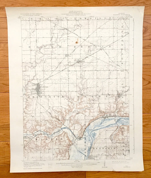 Antique Hennepin, Illinois 1911 US Geological Survey Topographic Map – Princeton, Malden, Seatonville, Depue, Dover, Bond & Putnam County IL