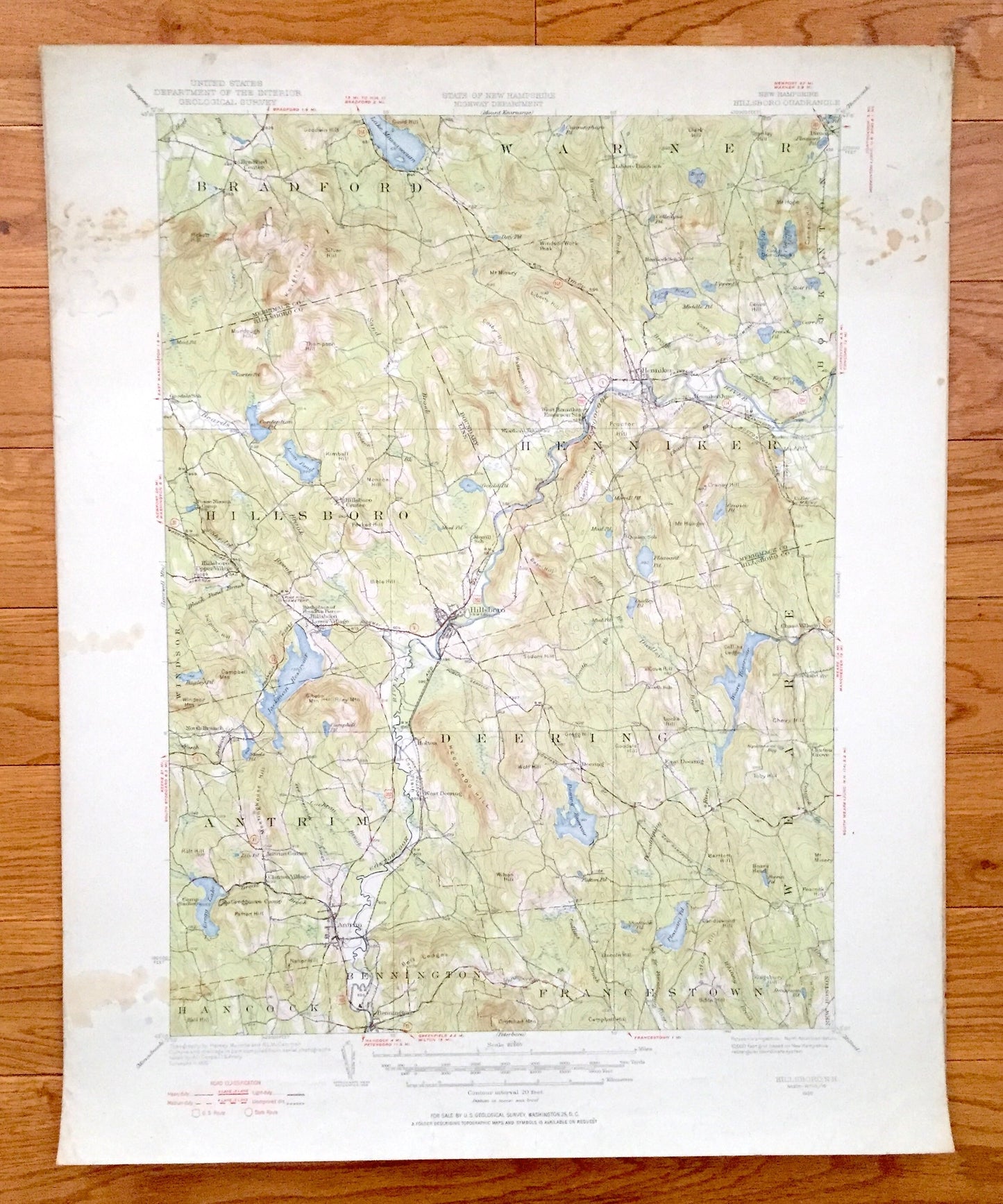 Antique Hillsboro, New Hampshire 1926 US Geological Survey Topographic Map – Merrimack County, Bradford, Warner, Henniker, Deering, Weare NH