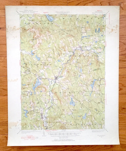 Antique Hillsboro, New Hampshire 1926 US Geological Survey Topographic Map – Merrimack County, Bradford, Warner, Henniker, Deering, Weare NH