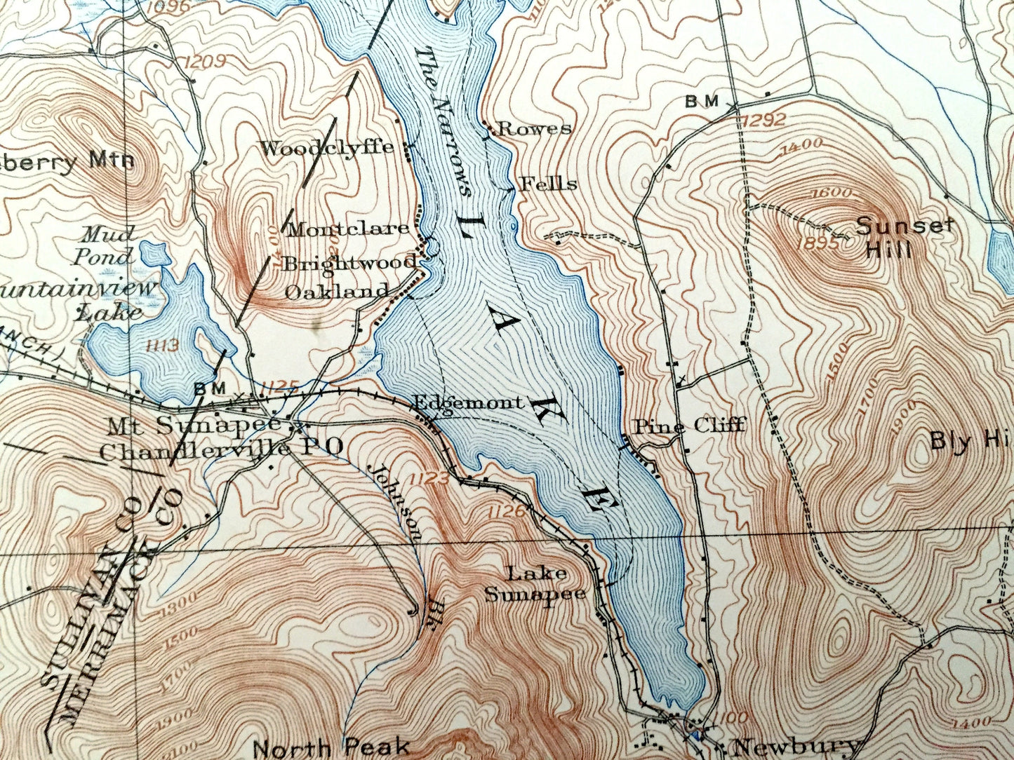 Antique Lake Sunapee, New Hampshire 1905 US Geological Survey Topographic Map – Newport, Newbury, Goshen, New London, Cornish, Croydon, NH