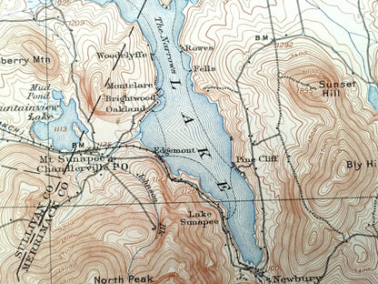 Antique Lake Sunapee, New Hampshire 1905 US Geological Survey Topographic Map – Newport, Newbury, Goshen, New London, Cornish, Croydon, NH