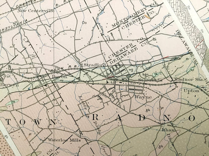 Antique Main Line, Pennsylvania 1894 US Geological Survey Map – Valley Forge, Merion, Norristown, Haverford, Radnor, Bryn Mawr, Villanova PA