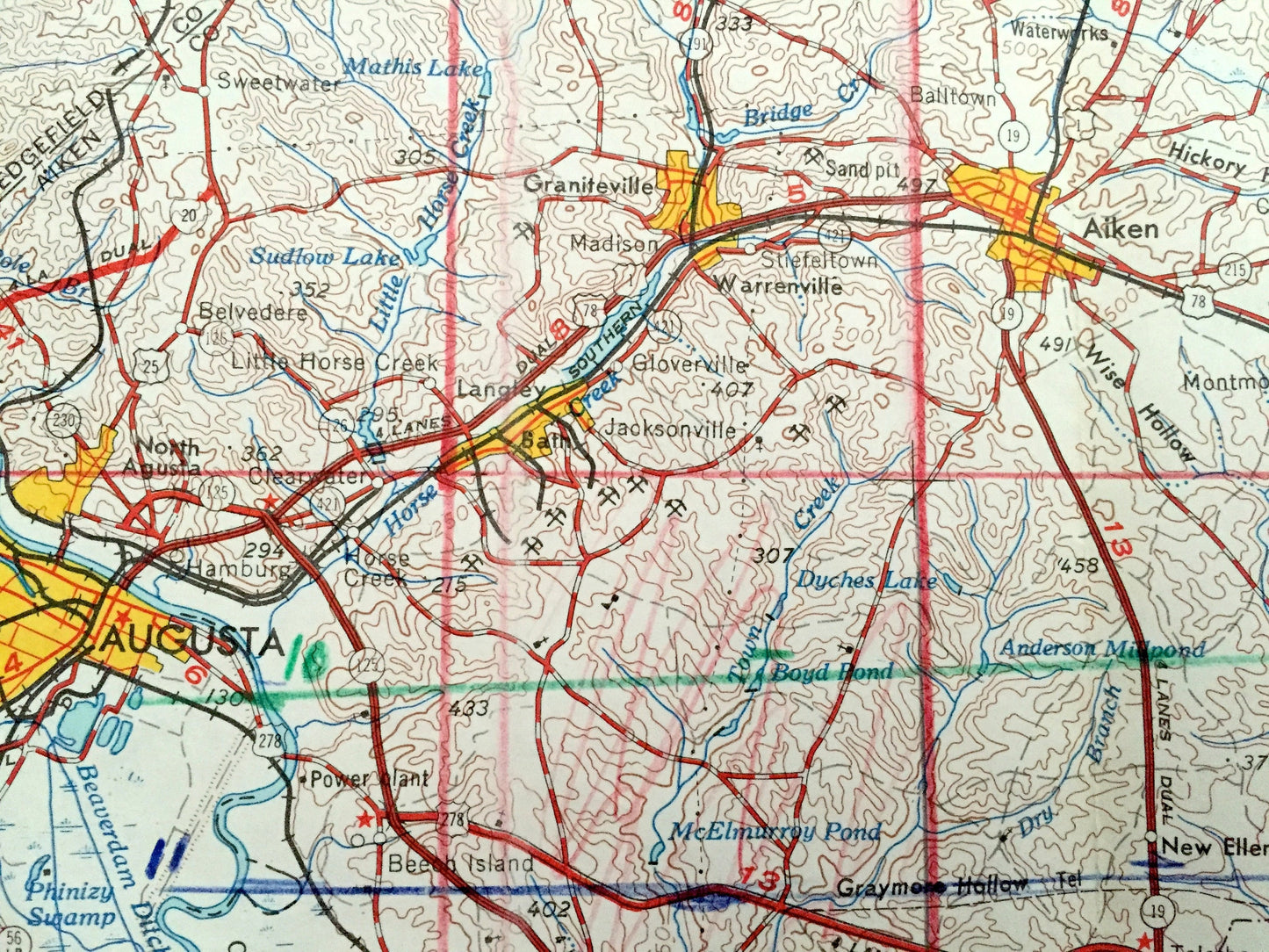 Antique Augusta, Georgia 1957 US Geological Survey Topographic Map – South Carolina, Aiken, Graniteville, Warrenville, Bath, North Augusta