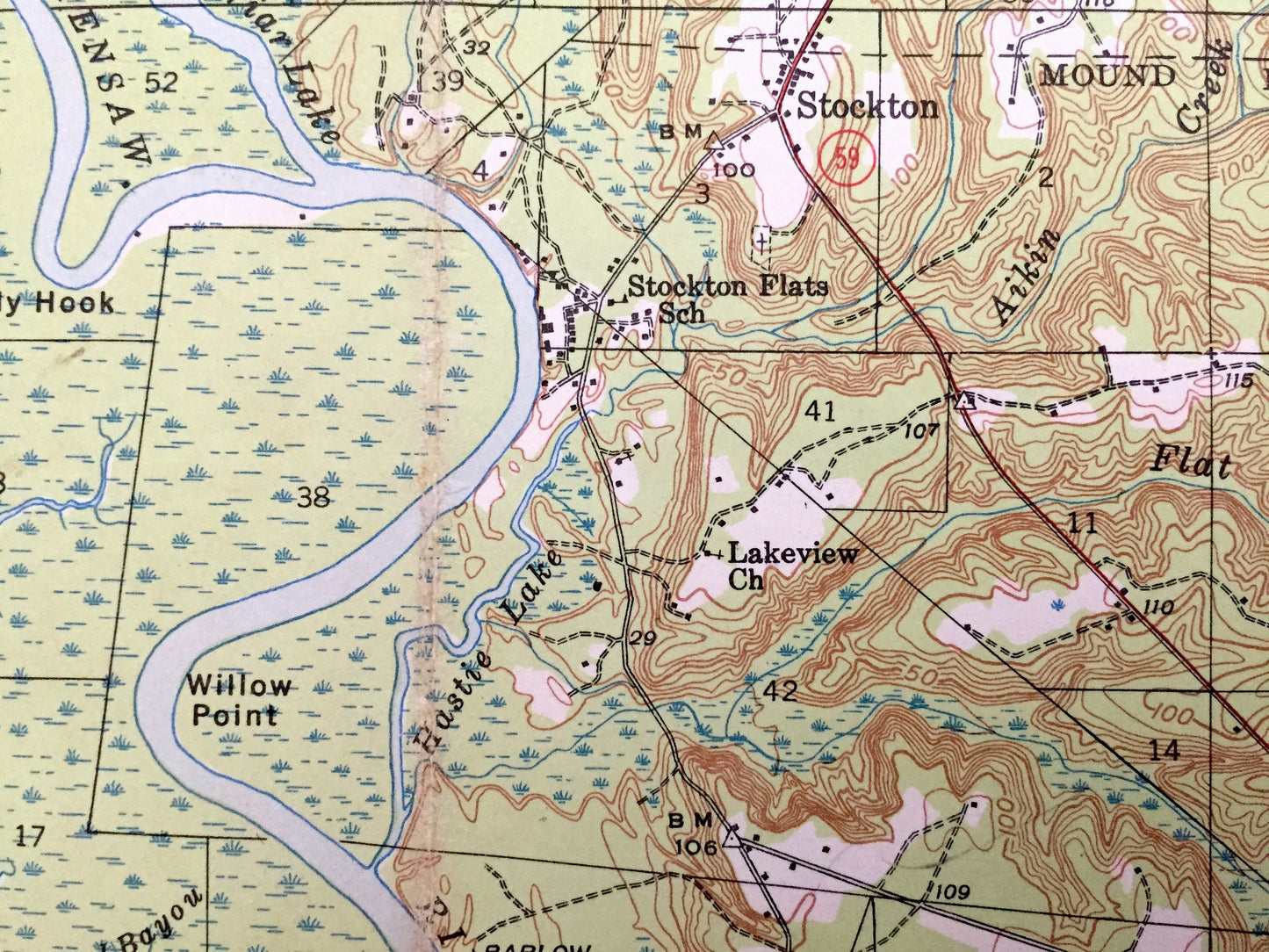 Antique Bay Minette, Alabama 1941 US Geological Survey Topographic Map – Baldwin County, Hurricane, Carpenter, Douglasville, Stockton, AL