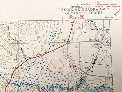 Antique Theodore, Alabama 1943 US Geological Survey Topographic Map– Mobile County, Lloyds, Mann, Three Notches, Irvington, Halls Mill Creek
