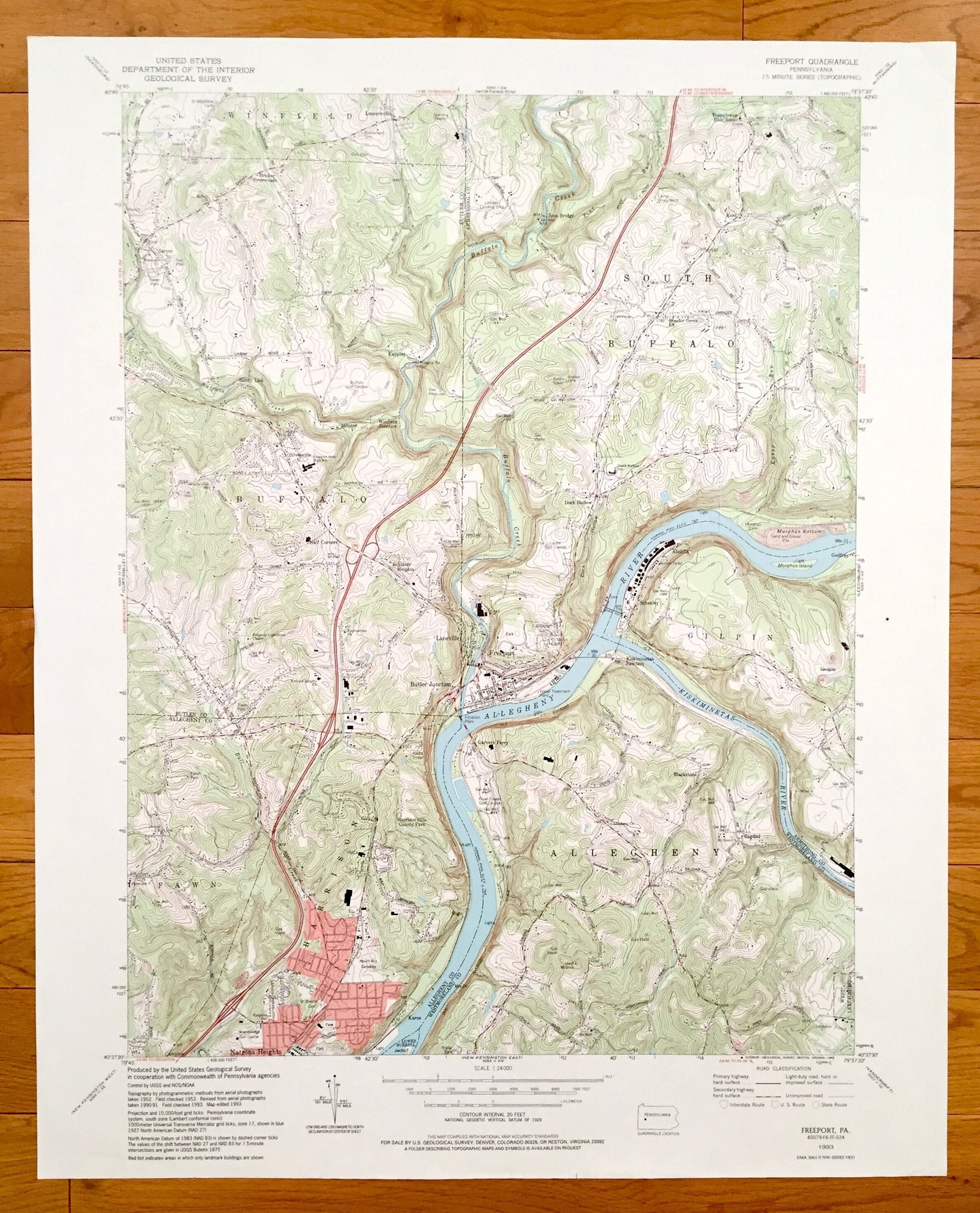 Antique Freeport, Pennsylvania 1993 US Geological Survey Topographic Map – Westmoreland, Allegheny, Butler, Armstrong County Buffalo Fawn PA