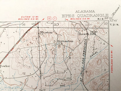 Antique Epes, Alabama 1932 US Geological Survey Topographic Map – Sumter County, Sumterville, Weston, Miller, Potts Creek, Hixon, Livingston