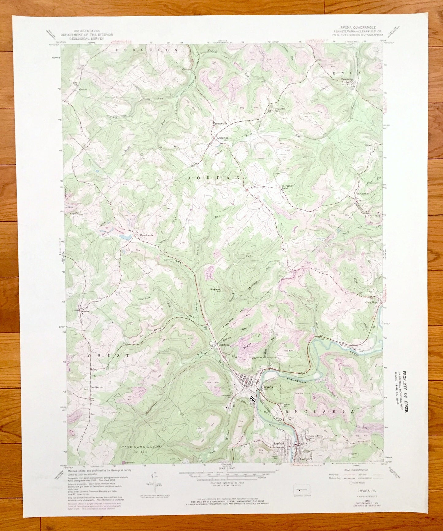 Antique Irvona, Pennsylvania 1959 US Geological Survey Topographic Map – Clearfield County, Jordan, Chest, Beccaria, Ferguson, Bigler, Knox