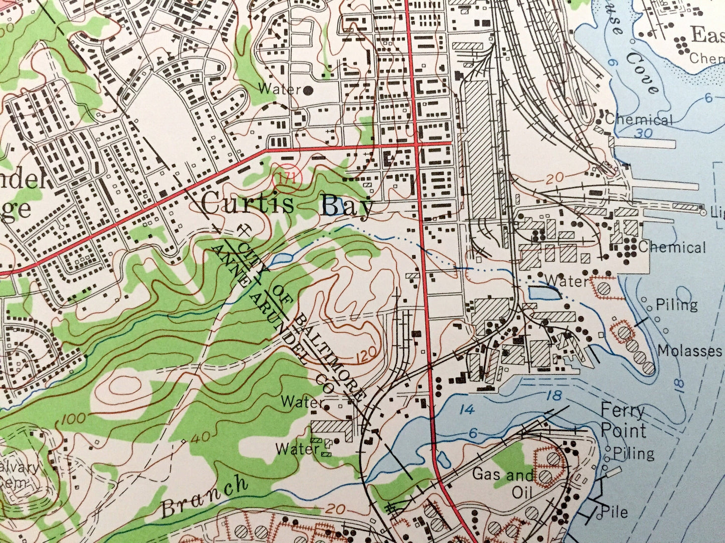 Antique Baltimore, Maryland 1957 US Geological Survey Topographic Map– Curtis Bay, Glen Burnie, Riviera Beach, Patapsco, Anne Arundel County