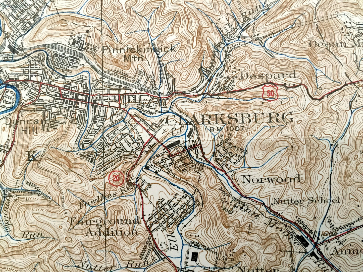 Antique Clarksburg, West Virginia 1925 US Geological Survey Topographic Map – Harrison County, Bridgeport, Cambria, Willard, Oakdale, Wyatt