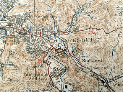 Antique Clarksburg, West Virginia 1925 US Geological Survey Topographic Map – Harrison County, Bridgeport, Cambria, Willard, Oakdale, Wyatt