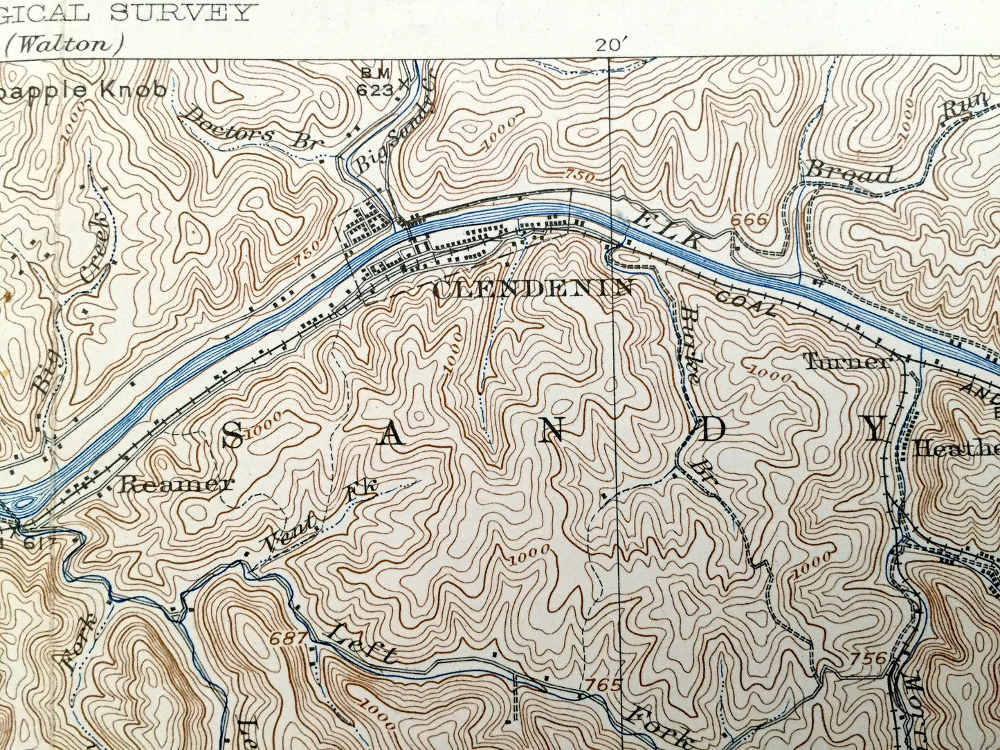 Antique Clendenin, West Virginia 1909 US Geological Survey Topographic Map – Kanawha County, Blue Creek, Putney, Union, Heatherman, Pond Gap