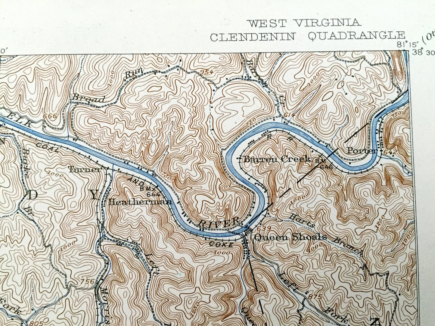 Antique Clendenin, West Virginia 1909 US Geological Survey Topographic Map – Kanawha County, Blue Creek, Putney, Union, Heatherman, Pond Gap