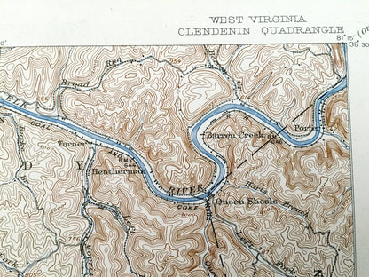 Antique Clendenin, West Virginia 1909 US Geological Survey Topographic Map – Kanawha County, Blue Creek, Putney, Union, Heatherman, Pond Gap