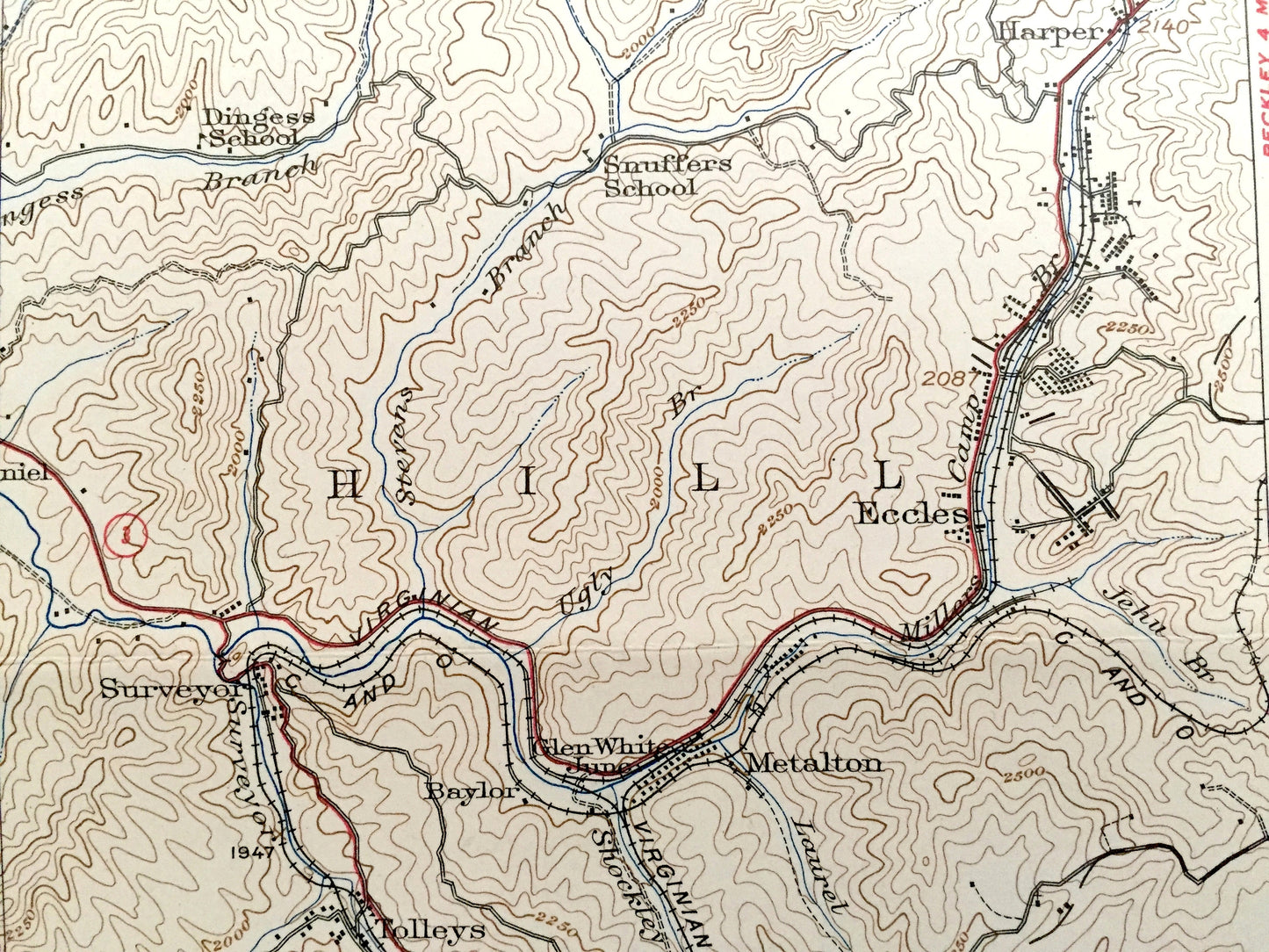 Antique Eccles, West Virginia 1932 US Geological Survey Topographic Map – Raleigh County, Kingston, Posey, Sherman, Oceana, Clear Fork, Town