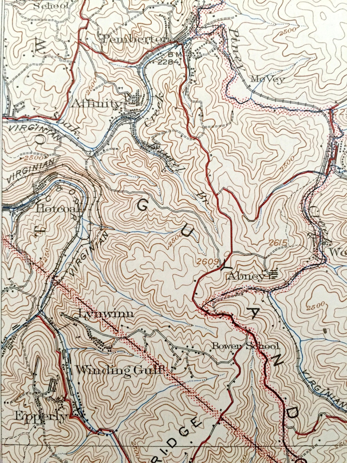 Antique Flattop, West Virginia 1932 US Geological Survey Topographic Map – Mercer County, Winding Gulf, Jumping Branch, Affinity, Lillybrook