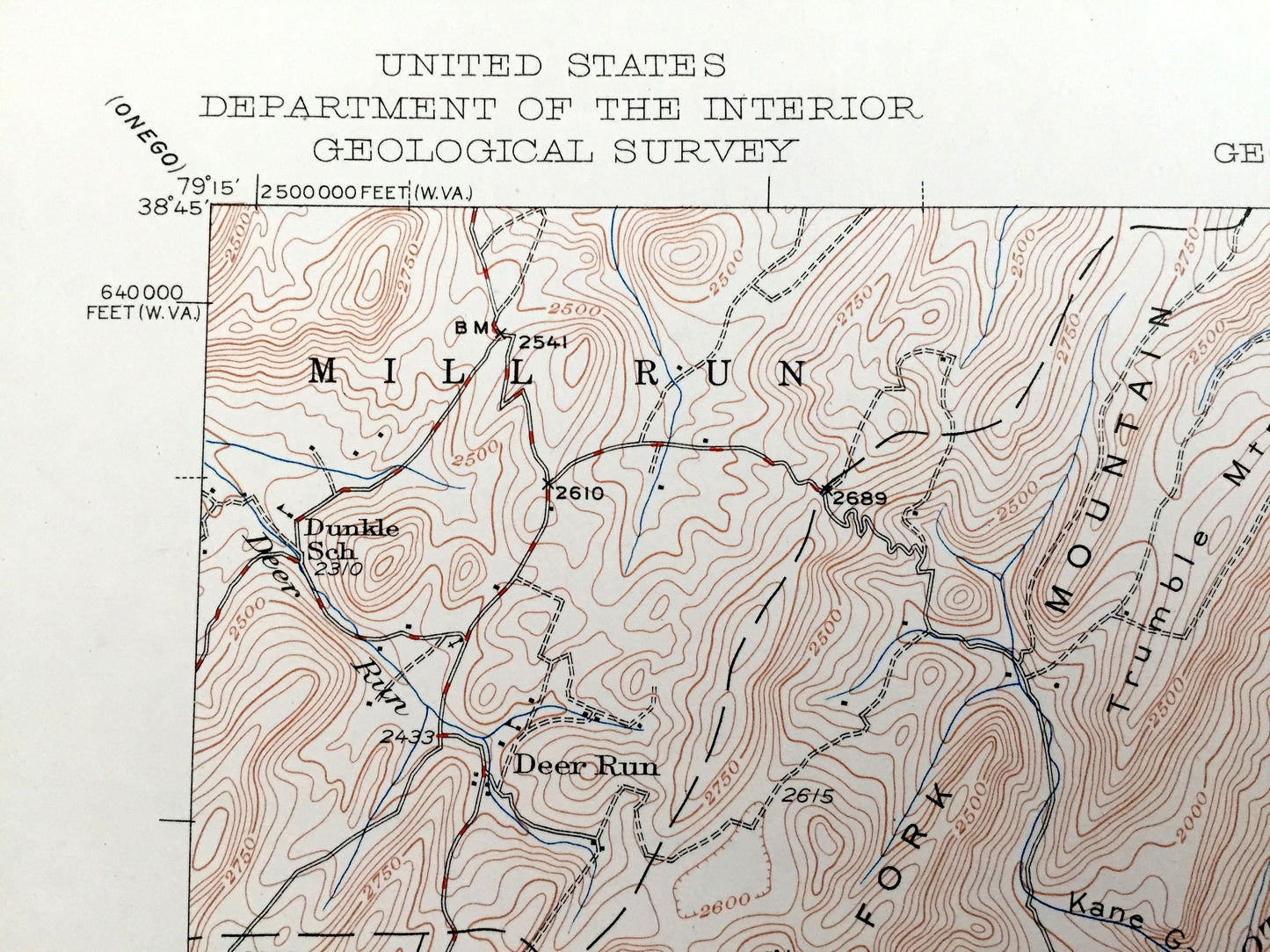 Antique Fort Seybert, West Virginia 1951 US Geological Survey Topographic Map – Pendleton County, Oak Flat, Brandywine, Deer Run, Mill, WV