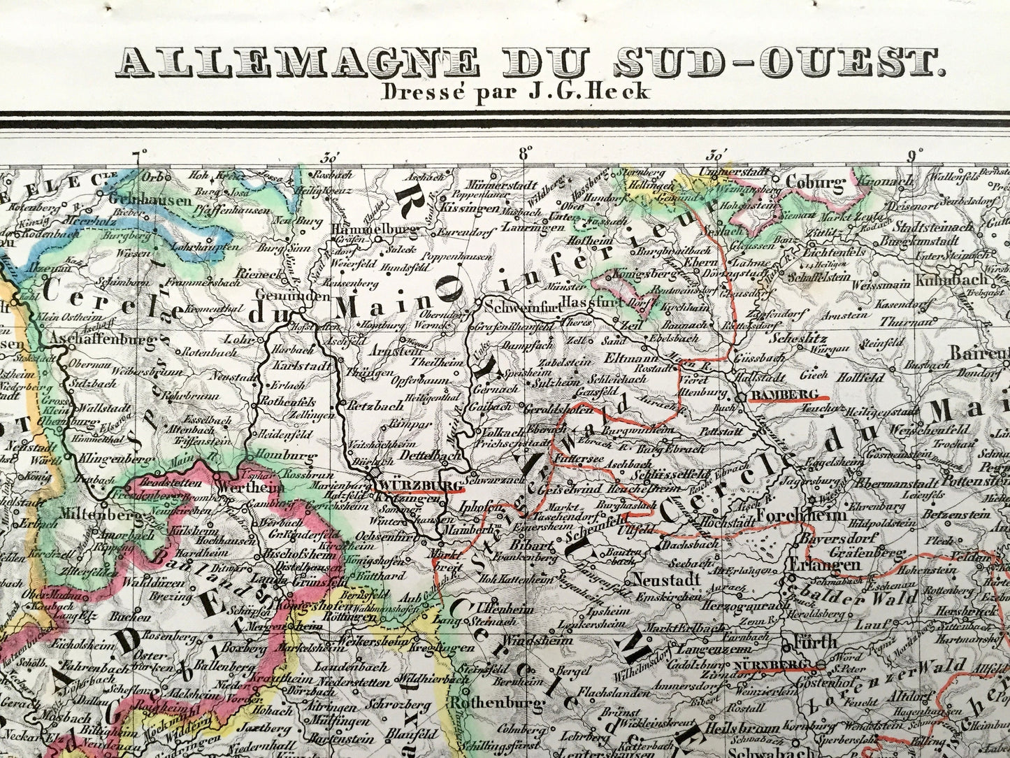 Antique 1835 Ancient Germany Map from JG Heck's Atlas Géographique, Astronomique et Historique – Munich, Bamberg, Strasbourg, Pilsen, Coburg