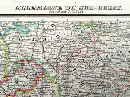 Antique 1835 Ancient Germany Map from JG Heck's Atlas Géographique, Astronomique et Historique – Munich, Bamberg, Strasbourg, Pilsen, Coburg