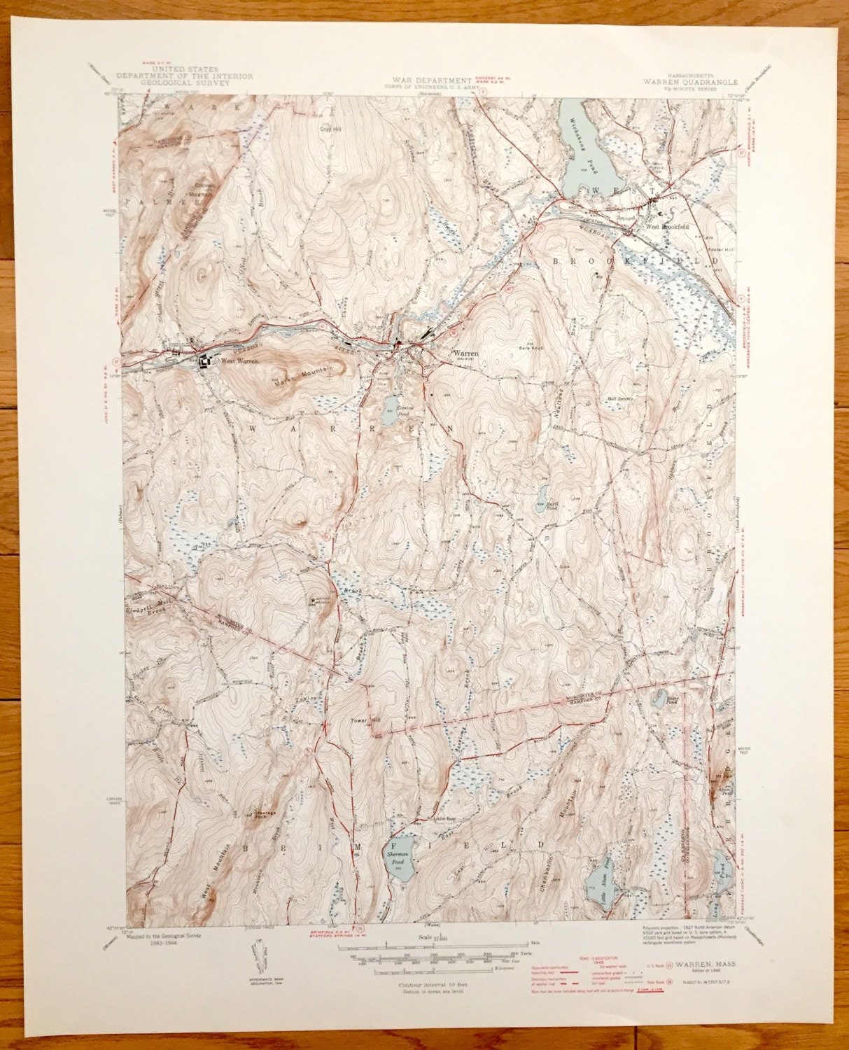 Antique Warren, Massachusetts 1946 US Geological Survey Topographic Map – West Brookfield, Brimfield, Palmer, Sturbridge, Ware, MA