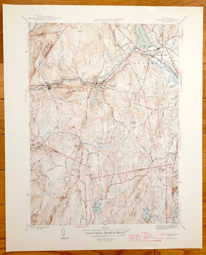 Antique Warren, Massachusetts 1946 US Geological Survey Topographic Map – West Brookfield, Brimfield, Palmer, Sturbridge, Ware, MA