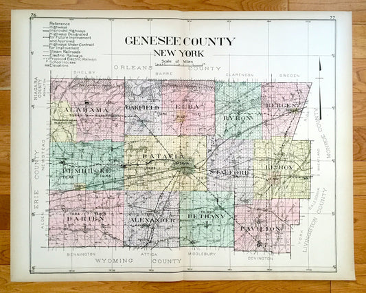 Antique Genesee County, New York 1911 New Century Atlas Map – Batavia, Oakfield, Darien, Corfu, Pavilion, Le Roy, Stafford Alexander Elba NY