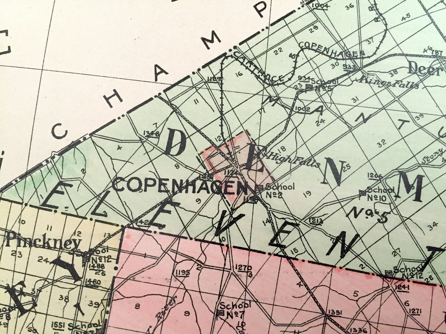 Antique Lewis County, New York 1911 New Century Atlas Map – Lowville, Port Leyden, Lyons Falls, Copenhagen, Harrisville, Croghan, Diana, NY
