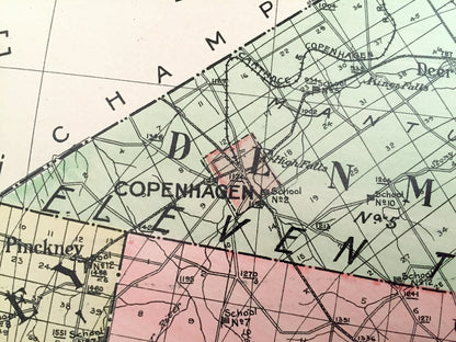 Antique Lewis County, New York 1911 New Century Atlas Map – Lowville, Port Leyden, Lyons Falls, Copenhagen, Harrisville, Croghan, Diana, NY