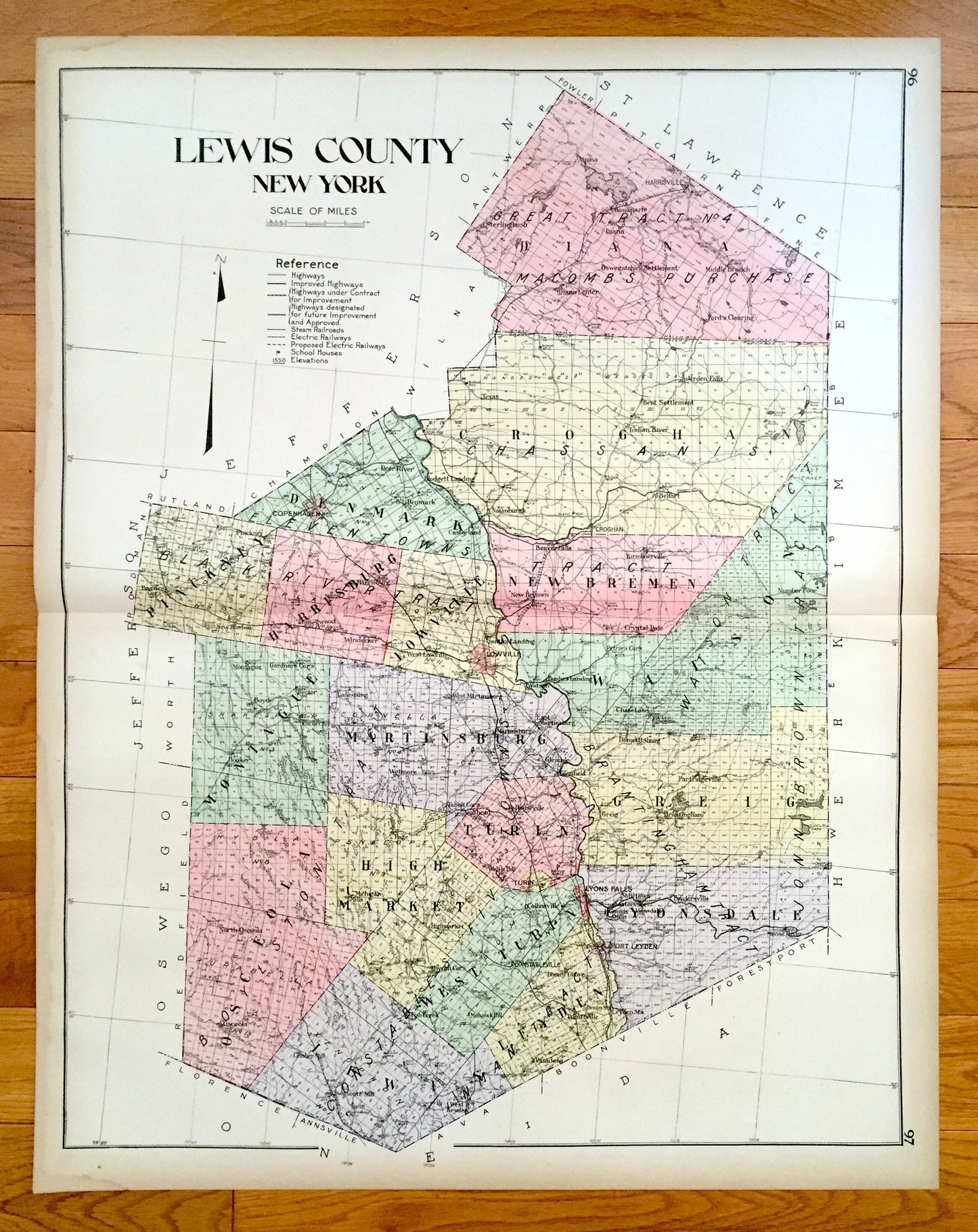 Antique Lewis County, New York 1911 New Century Atlas Map – Lowville, Port Leyden, Lyons Falls, Copenhagen, Harrisville, Croghan, Diana, NY