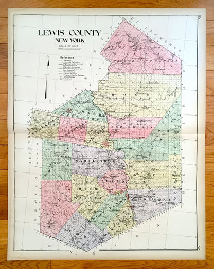 Antique Lewis County, New York 1911 New Century Atlas Map – Lowville, Port Leyden, Lyons Falls, Copenhagen, Harrisville, Croghan, Diana, NY