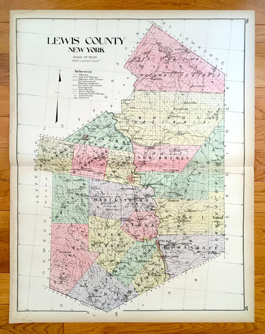 Antique Lewis County, New York 1911 New Century Atlas Map – Lowville, Port Leyden, Lyons Falls, Copenhagen, Harrisville, Croghan, Diana, NY