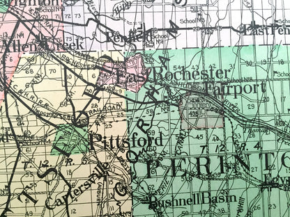 Antique Monroe County, New York 1911 New Century Atlas Map – Rochester, Irondequot, Honeoye Falls, Henrietta, Webster Pittsford Brockport NY
