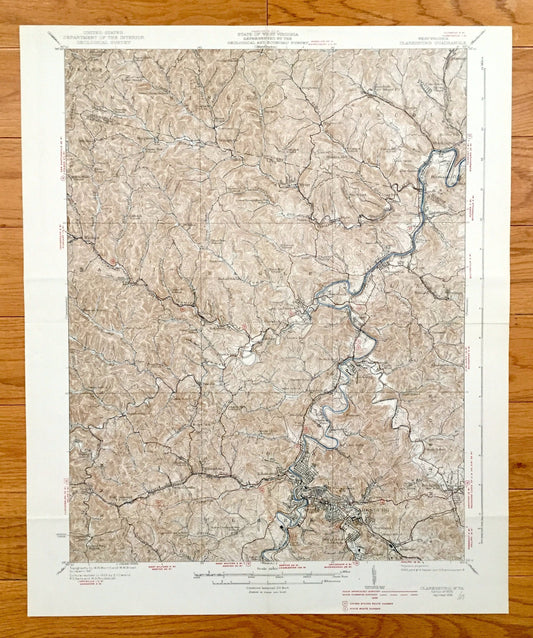 Antique Clarksburg, West Virginia 1925 US Geological Survey Topographic Map – Harrison County, Bridgeport, Cambria, Willard, Oakdale, Wyatt