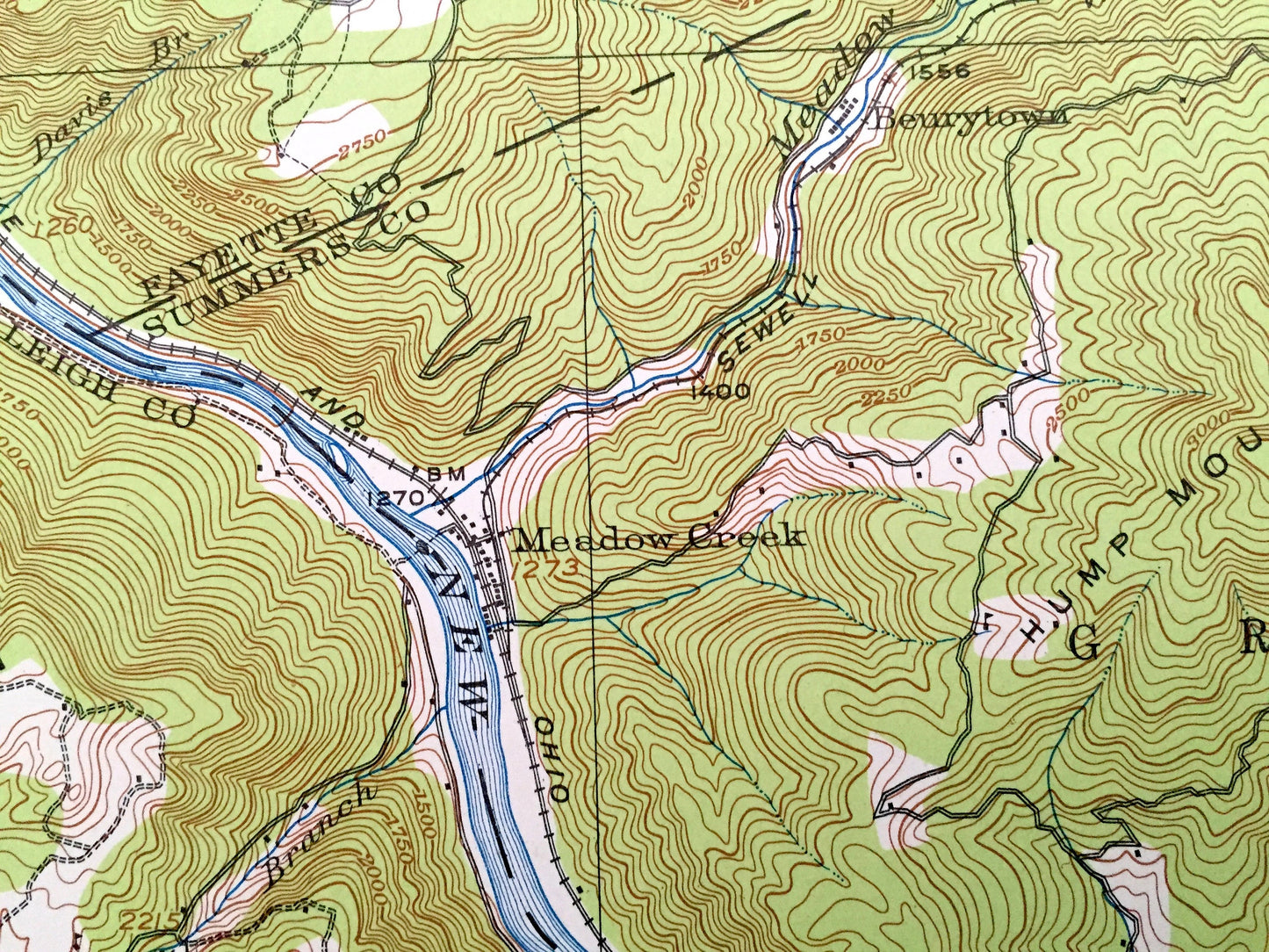 Antique Meadow Creek, West Virginia 1912 US Geological Survey Topographic Map – Summers County, Red Spring, Pittman, Hemlock, Laurel WV