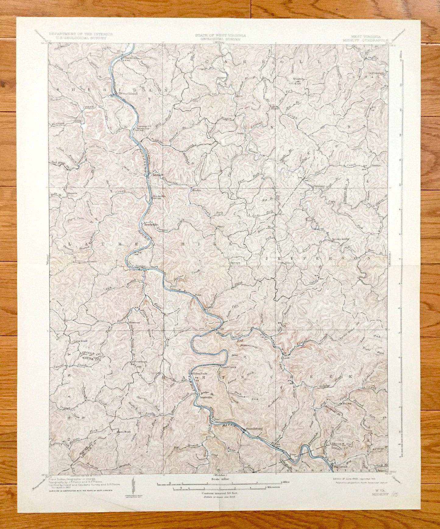 Antique Midkiff, West Virginia 1909 US Geological Survey Topographic Map – Lincoln County, Laverne, Brown City, Carroll, Palermo WV