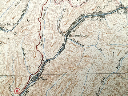 Antique Mullens, West Virginia 1927 US Geological Survey Topographic Map – Wyoming County, Elmore, Sophia, Oceana, McAlpin Lester Vanwood WV