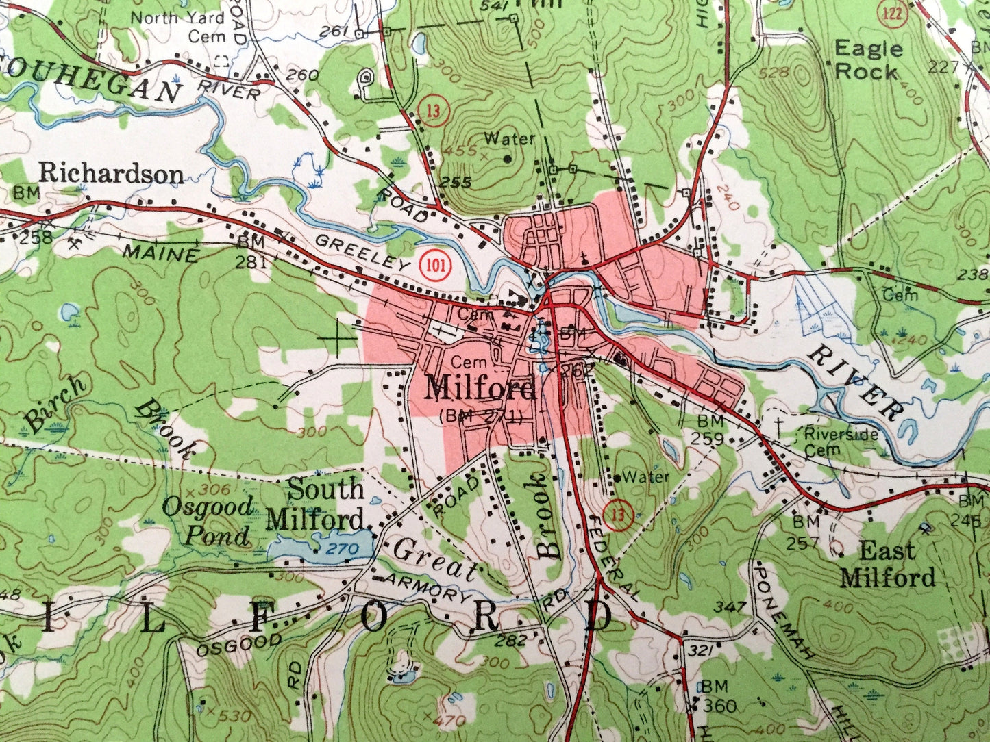 Antique Milford, New Hampshire 1953 US Geological Survey Topographic Map – Amherst, Wilton, New Boston, Merrimack, Bedford, Baboosic Lake NH