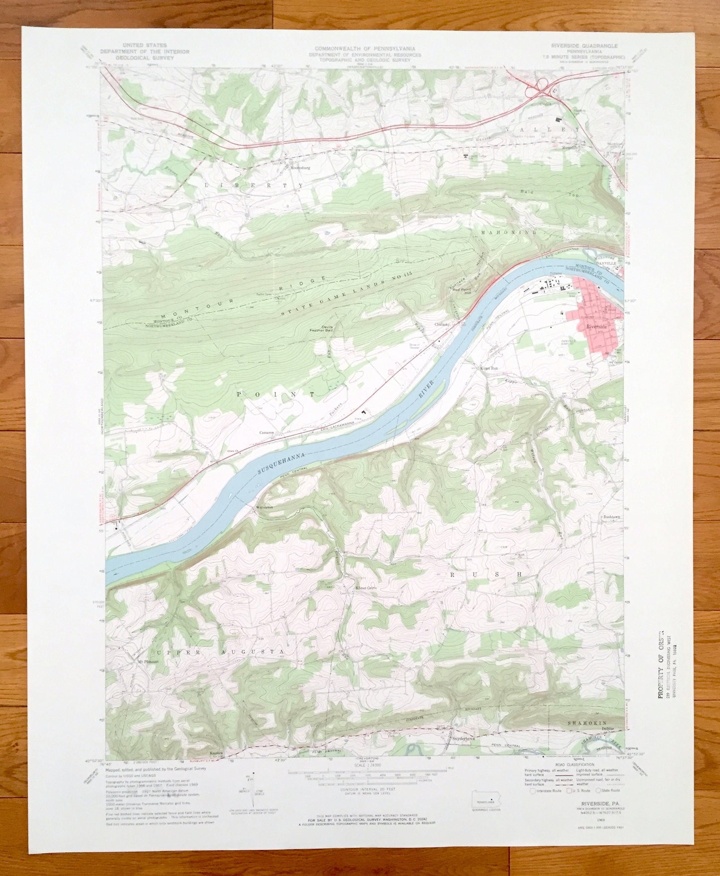 Antique Riverside, Pennsylvania 1969 US Geological Survey Topographic Map – Montour County, Northumberland County, Point, Upper Augusta