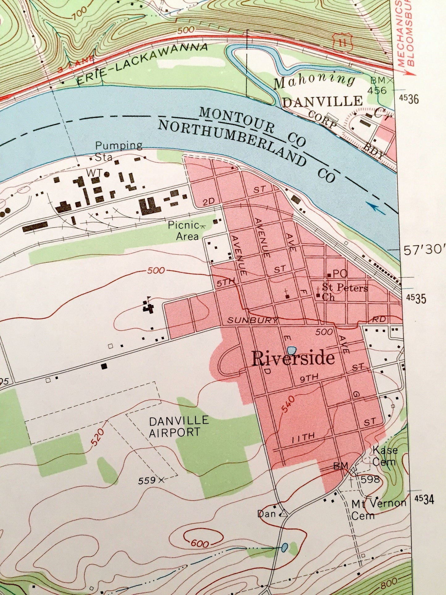 Antique Riverside, Pennsylvania 1969 US Geological Survey Topographic Map – Montour County, Northumberland County, Point, Upper Augusta