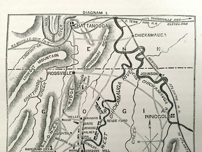 Antique 1865 Battle of Chickamauga Map from The History of the Civil War in The United States, Schmucker — Chattanooga, Rossville, Tennessee