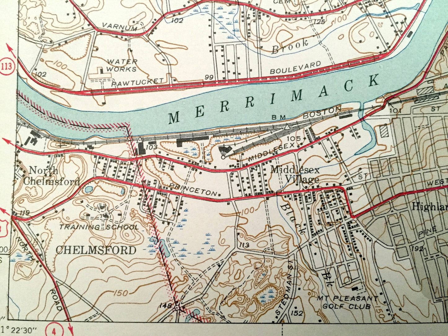 Antique Lowell, Massachusetts 1941 US Geological Survey Topographic Map – Middlesex County, Dracut, Chelmsford, Tewksbury Merrimack UMass MA